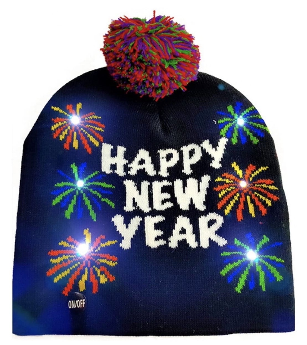 冬季针织圣诞发光帽子带 LED 灯泡 - 新年快乐