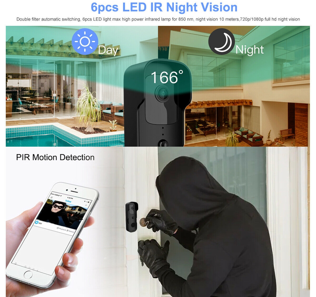 带有运动检测和摄像头的门铃，适用于房屋或公寓 wifi