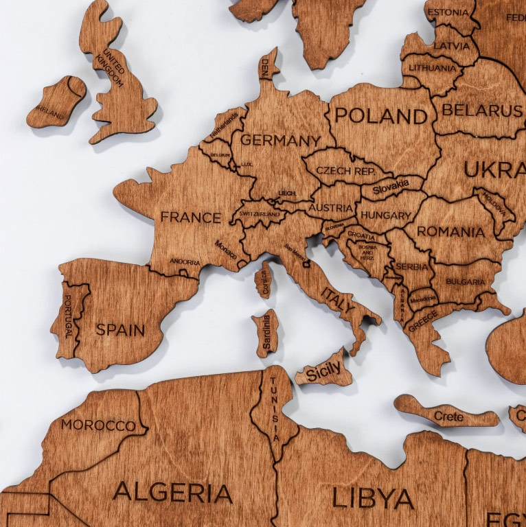 木制世界地图彩色橡木-大洲