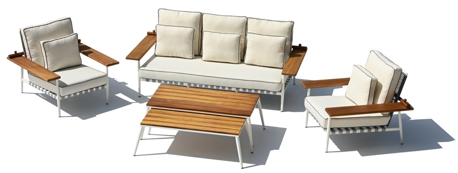 户外花园座椅独特设计，采用木质铝材，配有大桌子