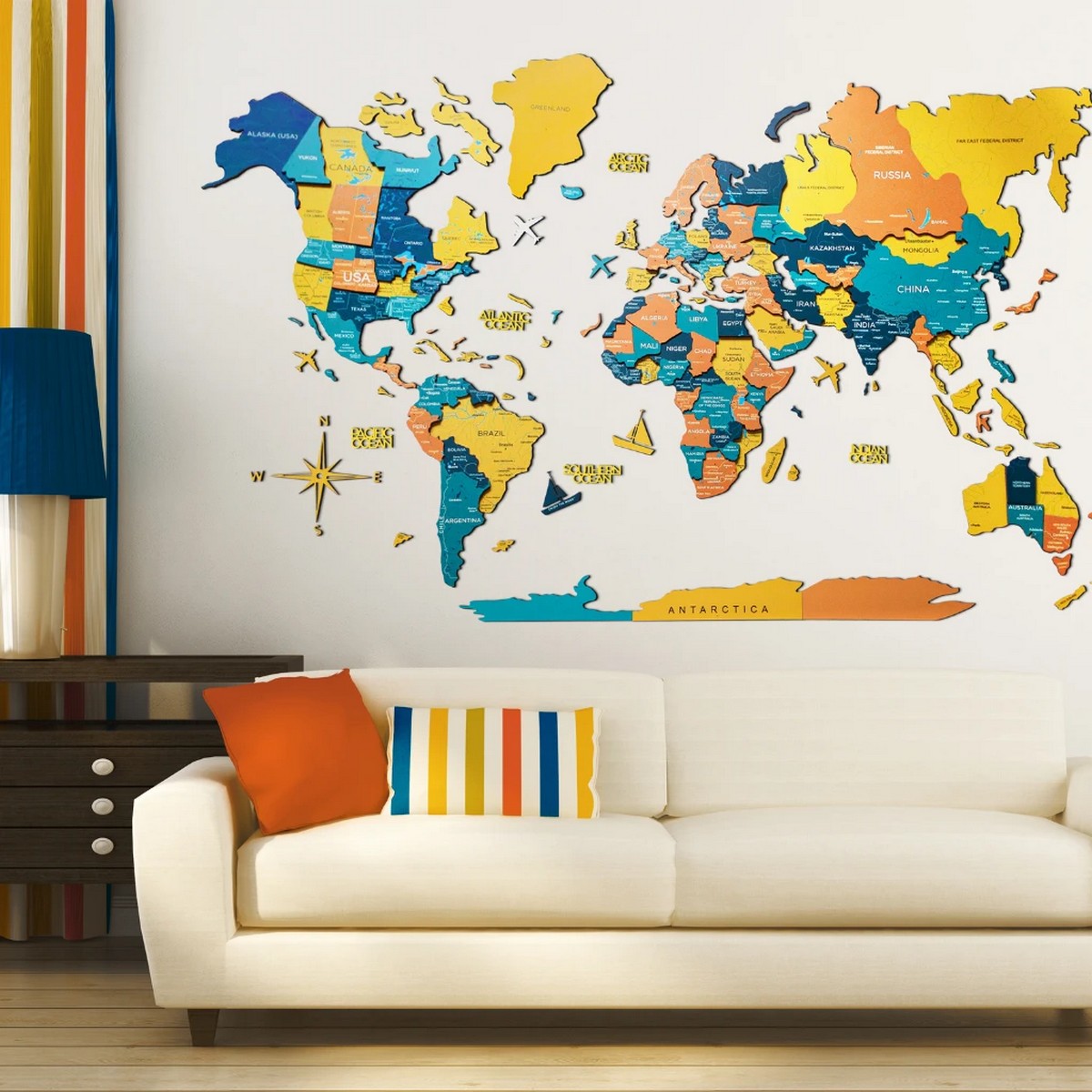木墙上的彩色地图3d