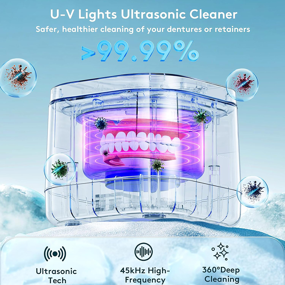 超声波保持器清洗器假牙清洗器紫外线 99.99% 光清洗
