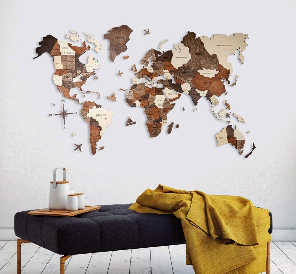 墙上的3d木制世界地图